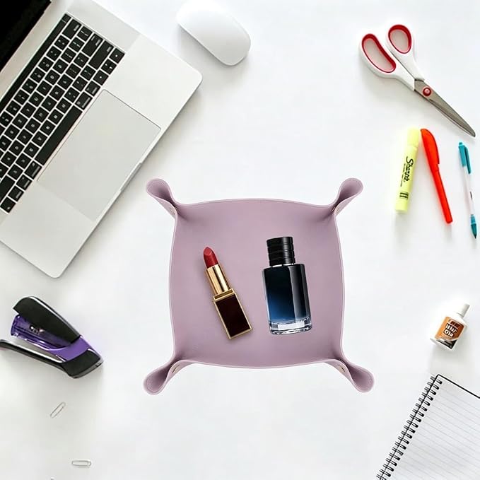 2pc Leather Valet Tray Organizer, Desk Organizer Tray Or Candy Holder, Practical Storage Tool for Travel, Home Or Office (Purple, Large+Extra Large)