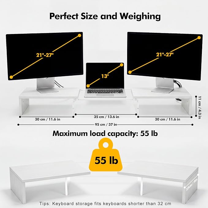 Dual Monitor Riser, Acrylic Monitor Riser, Adjustable Angle & Length Computer Monitor Stand, Wide Desk Shelf for Top of Desk for Home Office_White Maple Look Small