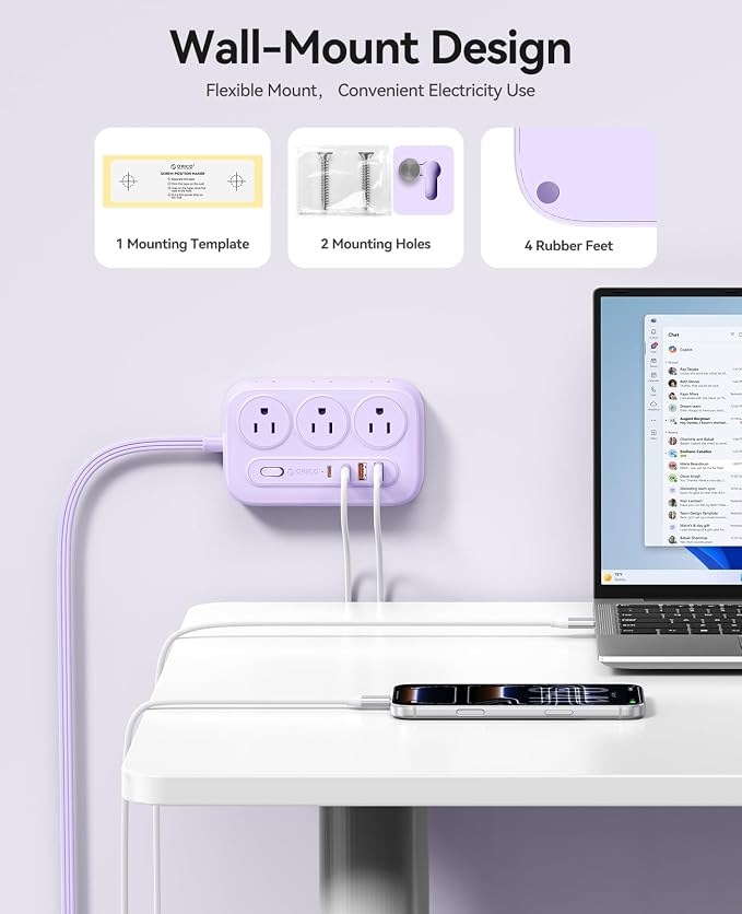 ORICO Surge Protector Power Strip, PD20W Multiple Outlets Extension Cord with 6 AC Outlets and 4 USB Charging Ports (2 USB-C), Flat Plug, 5 Ft Mountable Outlet Extender for Office/Dorm ETL Listed- OG
