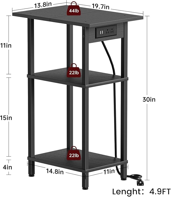 Asgolion Tall End Table with Charging Station, Skinny Nightstand with USB Ports and Outlets, 3 Tier Narrow Side Table with Storage for Bedroom, Living Room, Office, Black