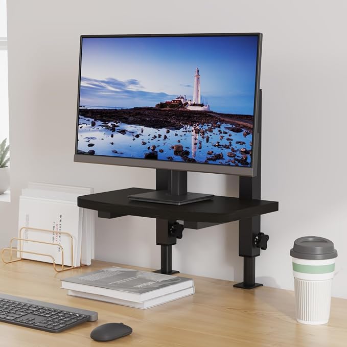 Adjustable Monitor Stand for Desk, Wood Texture Monitor Stand Riser with 4.15“-13” Height Adjustment, Sturdy Computer Monitor Stand with Anti-Tip Design, Laptop Stand & Desk Organizer, Black (Black)