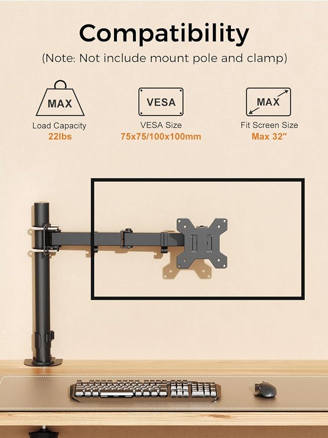 suptek Single Monitor Arm for Desk Mount Stand,Adjustable Monitor Arm for 13 to 32 inch Screen,Load Capacity 22lbs, Pole Adjustable Supports 0.8-2.4 Inch, VESA 75/100mm Black(MD6DBG)