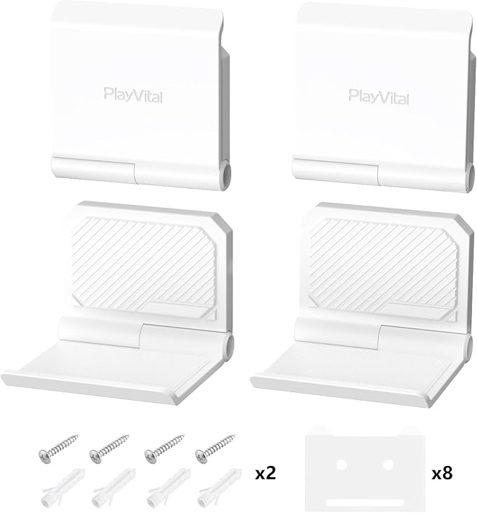 PlayVital FOLD Controller Holder Wall for ps5 ps4 Xbox Switch 2 Pro Headset, 2 Pack Universal Storage Organizer Gaming Controller Stand Headphone Mount - Foldable Anti-slip Adhesive Removable, White