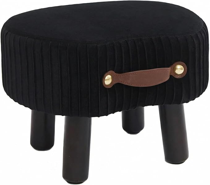 Foot Stools Ottoman with Handle Small Foot Stool Footrest Ottomon | Velvet Footstool Ottoman with Padded Seat, Curved Foot Rest Stool with Wooden Legs for Living Room, Entrywa（Black）