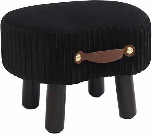 Foot Stools Ottoman with Handle Small Foot Stool Footrest Ottomon | Velvet Footstool Ottoman with Padded Seat, Curved Foot Rest Stool with Wooden Legs for Living Room, Entrywa（Black）