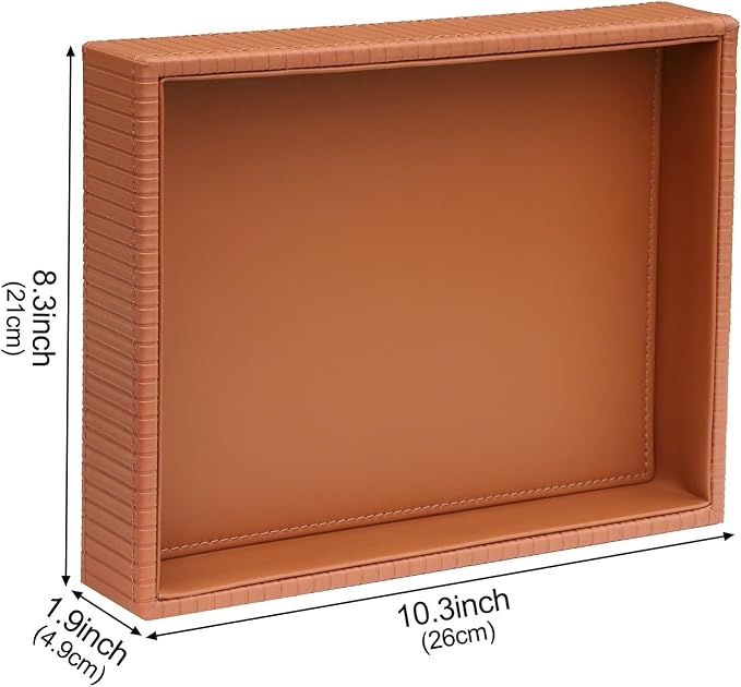 HofferRuffer Faux Leather Vanity Tray, Elegant Desktop Storage Organizer, Decorative Catchall for Perfume, Bathroom Valet, Nightstand or Dresser, 10.2 x 8.4 x 1.8 inches (Brown Stripe)