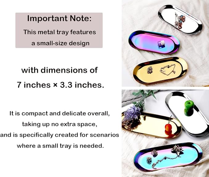 Stainless Steel Decorative Tray, Set of 2, 7 Inch Long, Jewelry Dish Cosmetics Organizer Bathroom Clutter Serving Platter Small Storage Tray, Oval, Gold