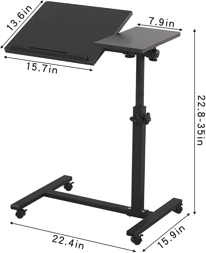 TigerDad Overbed Bedside Desk Mobile Rolling Laptop Stand Tilting Overbed Table with Wheels Height Adjustable Tray Table for Laptop Bed Sofa Side Table (Black)