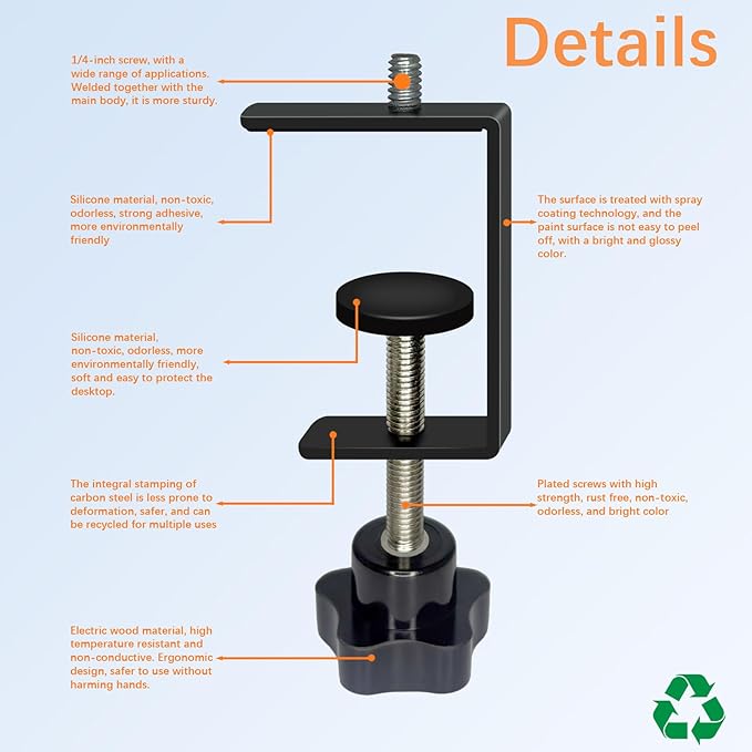 2-Pack Heavy Duty Adjustable C-Clamp with 1/4" Stud Mount - Steel Desk Clamp for Lamp, Microphone, Light Poles & Table | Multi-Purpose Clamps for Secure Mounting