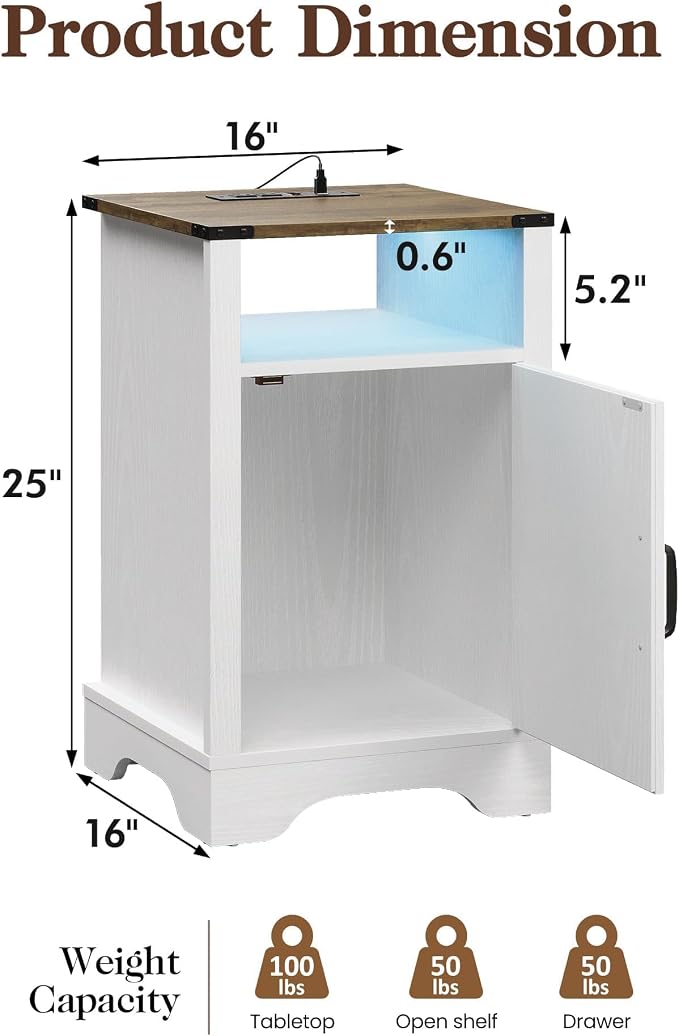 RoyalCraft 25" Tall LED Nightstand Set of 2, Farmhouse Nightstand with Charging Station, Large End Table with Storage, Wooden Rustic Bedside Table for Bedroom, Home Office, White and Rustic Oak