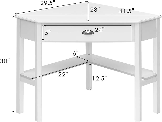 Tangkula White Corner Desk with Drawer, Storage Shelves for Computer, Makeup Vanity Desk for Small Space, 90 Degrees Triangle Desk