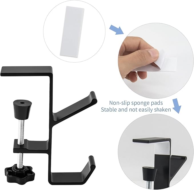 Desk Mount Bag Holder Hook Clamp-On Backpack Hanger Portable Desk Mount Headphones Holder Reduce Desk Clutter for Table Desk, Under Counter (Black, 2Pcs)