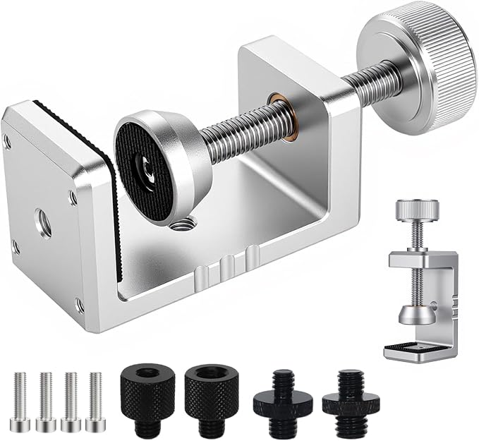 Heavy Duty C Clamp & Desk Clamp, Aluminum Alloy Table Mount with 1/4" & 3/8" Camera Tripod Adapter, Wide Jaw Design for Desk, Shelf, Camera Mount, Woodworking & Workbench (Silver)