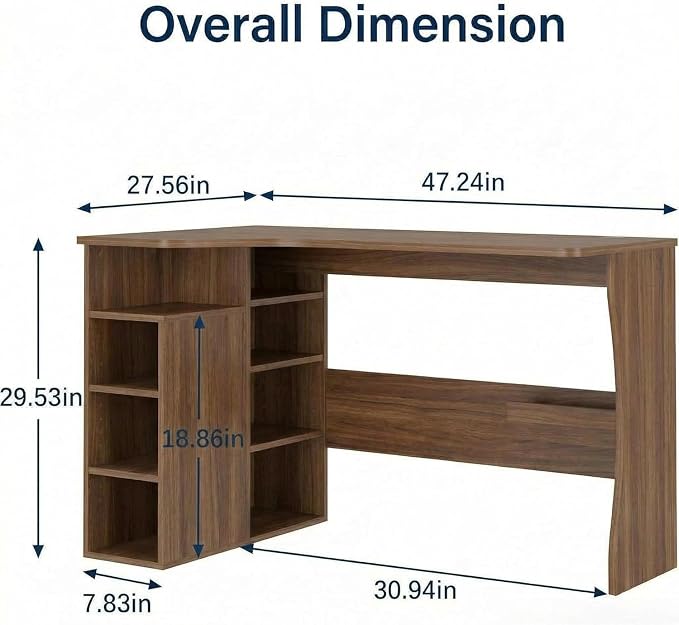 IDEALHOUSE Walnut L Shaped Desk for Small Spaces, Reversible Corner Desk with Storage Cabinet and 6 Adjustable Shelves, Wood Computer Desk for Home Office, Study, Writing, Gaming, Bedroom, Brown