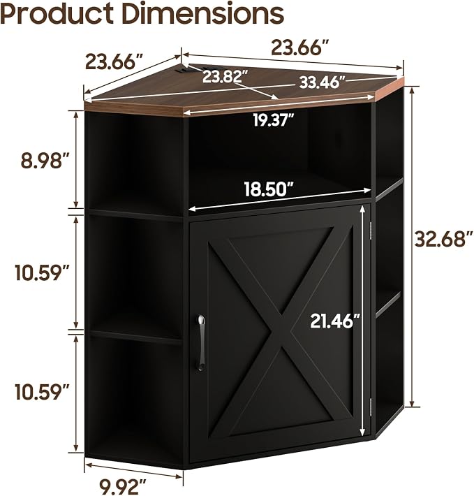 Halitaa Corner Storage Cabinet, Farmhouse Corner Bookshelf with Storage 6-Cubby Wooden Cabinet with USB Ports and Outlets Industrial Organizer for Small Space, Study, Playroom, Black and Brown