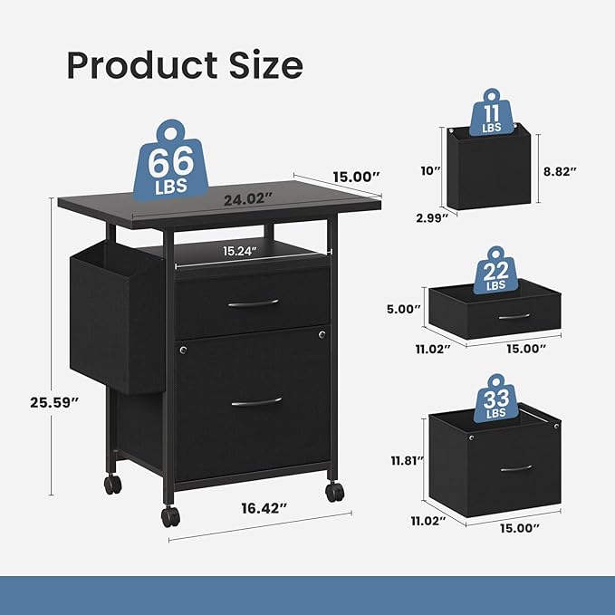 DUMOS 2 Drawer Mobile File Cabinet, Fabric Filing Cabinet with 24'' Desktop,Small Office Drawers Under Desk Fits A4/Letter Size, Rolling Printer Stand with Storage Side Bag for Home Office, Black