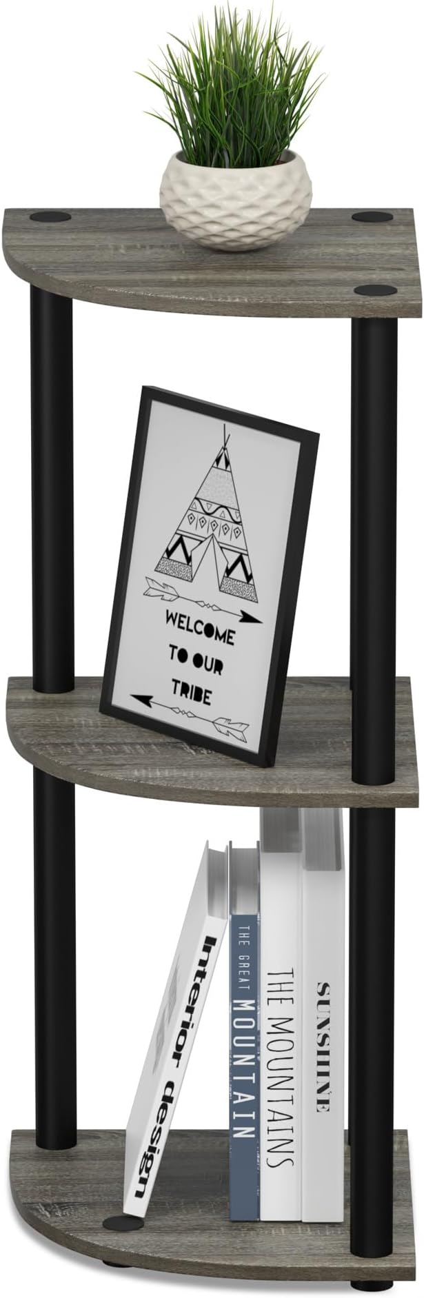 Furinno Turn-N-Tube Toolless Assembly 3-Tier Corner Shelf, Grey Corner Book Shelf, Open Shelves Bookshelf, for Organization and Storage, Living Room, Home Office, Bedroom, Grey Oak