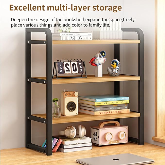 Office Desk Shelf Organizer, Wood Desktop Bookshelf Supplies Storage Rack, Shelf for Top of Desk and Dresser and Cubicle Decor Aesthetic Bookshelf (Black Wood, three Tier 19.69 Lx7.87 Wx22.05 H)