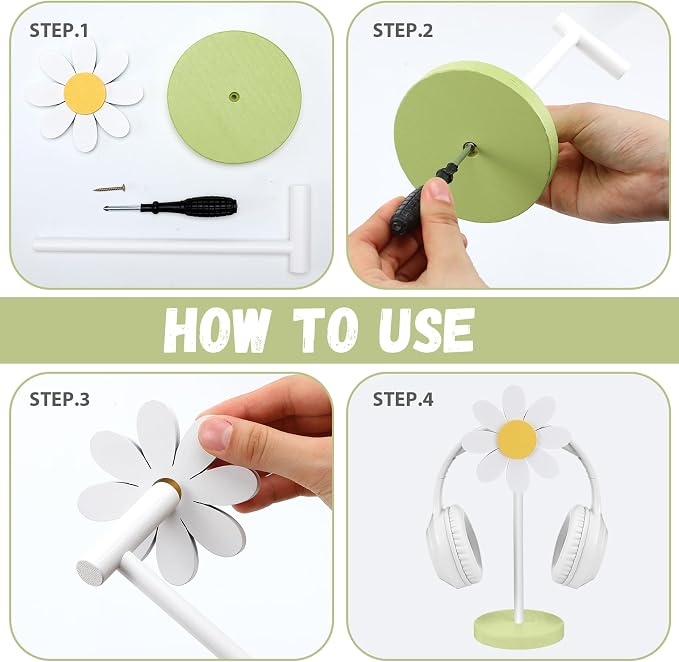 Yookeer Daisy Headphone Stand Cute Headphone Stand Decorative Gamer Gifts for Women Wood Table Decor for Gamer Room Office Desk for Girl Girlfriend Office Worker