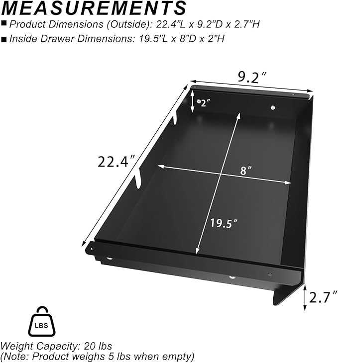 Large Under Desk Mounted Sliding Drawer with 2 Cable Hole and 60 Degree Tilt Panel to Pull Out, 22.4'' Long & 9.2'' deep Large Storage Organizer for Sit Stand Workstation