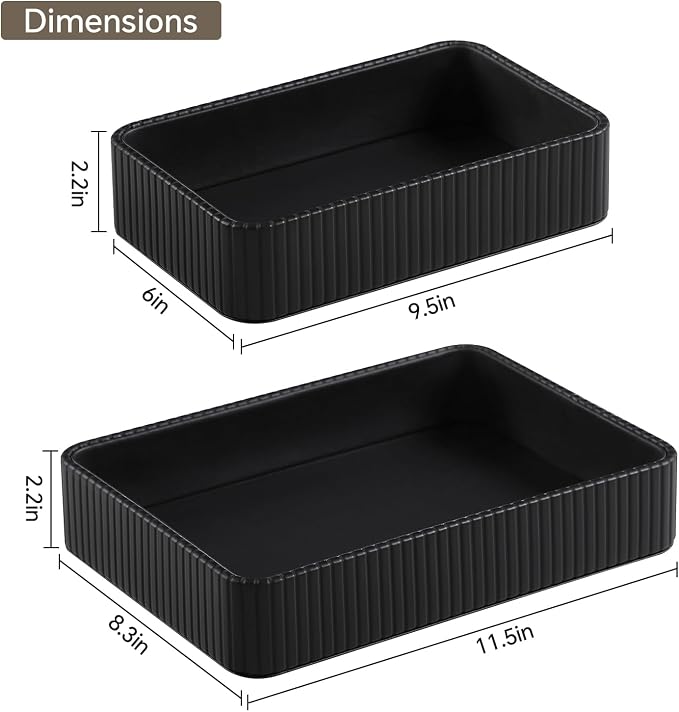 Desk Organizer Tray, PU Leather Nightstand Organizer Perfume Valet Tray for Men Women, Decorative Vanity Trays Trinket Dish Key Bowl for Entryway Table (2pcs, Black, Large+Small)