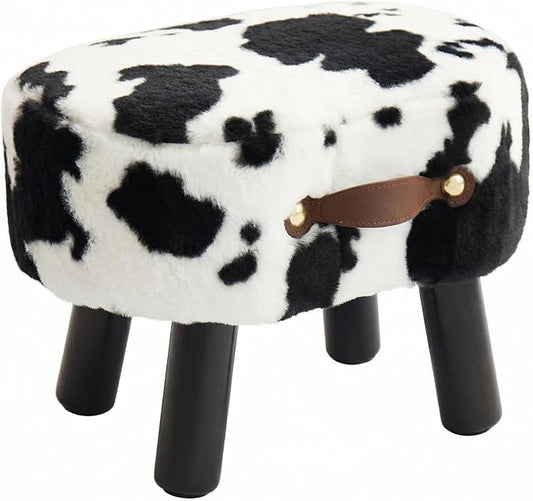 Foot Stools Small, Cow Ottomon with Handle, Velvet Footrest | Curved Foot Stool with Padded Seat Wooden Legs, Portable Foot Rest for Living Room, Bedroom, Entryway (Cow)