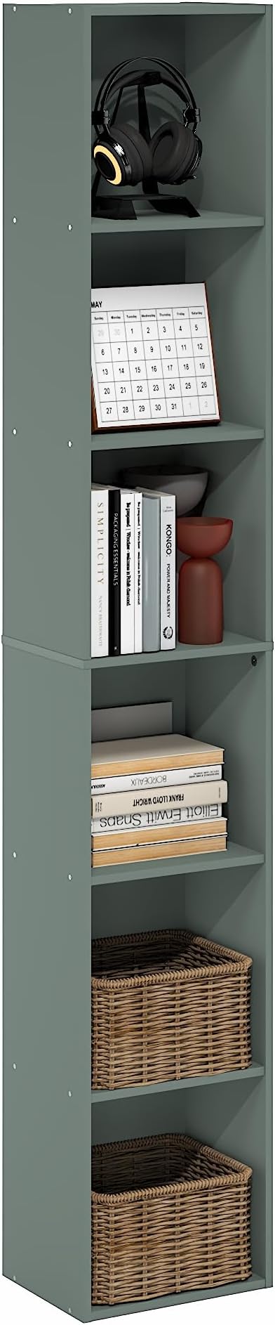 Furinno LUDER Book Shelf, 6-Tier Tall Modern Bookshelf, Bookcase with Open Shelves, 9.3 x 12 x 71, for Living Room, Bedroom, Home Office, Sage Green