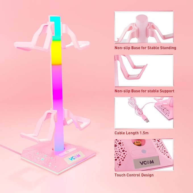 VCOM RGB Gaming Headphones Stand with 2 USB Ports, Pink Headset Stand with 10 Light Modes and Non-Slip Rubber, Suitable for PC Desk Accessories Gamers Gift(Pink)
