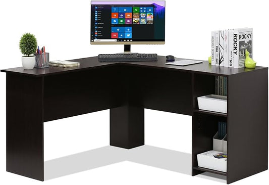 Furinno Indo L-Shaped Computer Desk with Bookshelf, Espresso