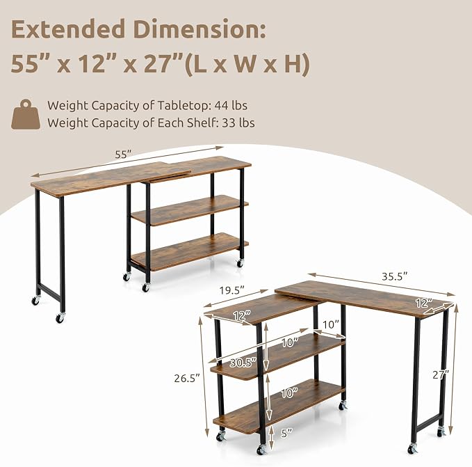 Tangkula 360° Rotating Sofa Side Table, Patented Mobile End Table with 2-Tier Storage Shelves, Swivel Rolling Desk with 6 Lockable Wheels, Metal Frame, Movable Laptop Table Couch Snack Table for Home
