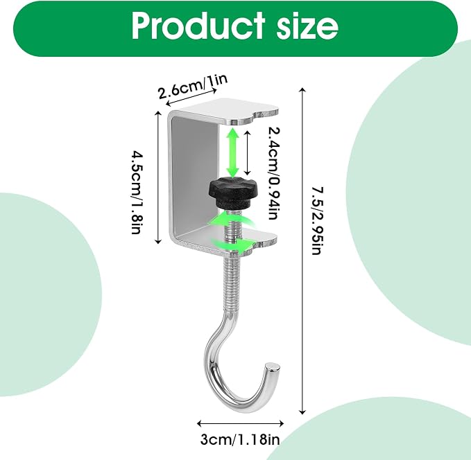 cobee Clamp-On Under Desk Hooks, Desk Mount Hanging Bag Holder Metal Hook Adjustable Headphones Clamp Organizer Portable Purse Hanger Clip Reduce Desk Clutter Table Desk Under Counter (4 Pcs, Silver)