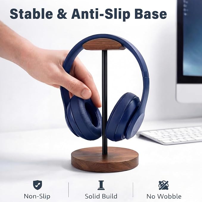 Wood & Metal Headphone Stand, Headset Holder for Desk, Desktop Gaming Headphone Hanger with Stable Non-Slip Bamboo Base, Universal Earphone Stand for Gaming, Office, Home, Gift