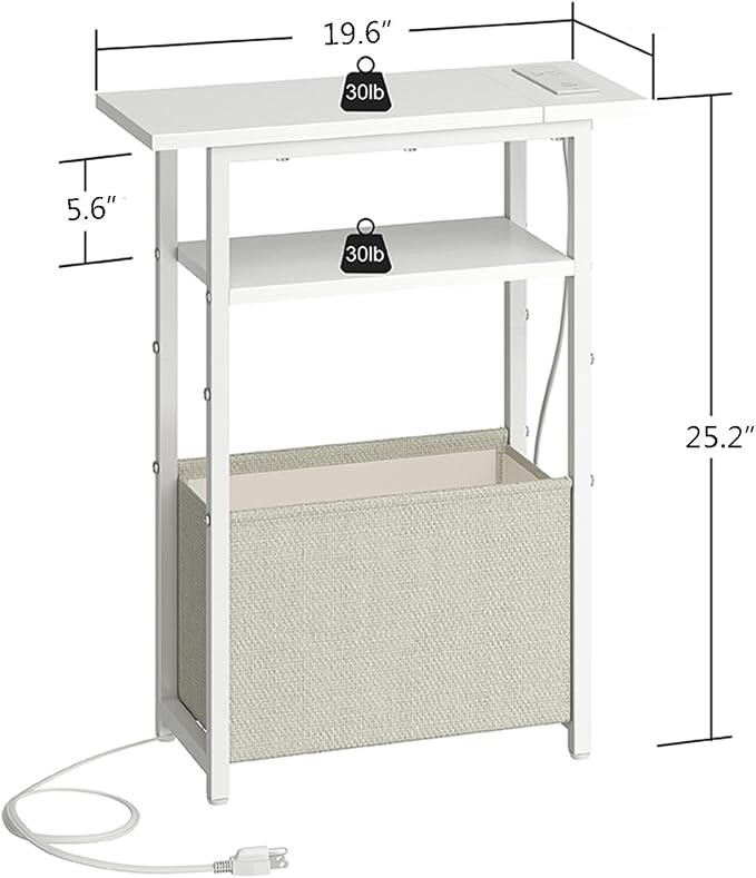 sthmec Narrow Side Table with Charging Station Set of 2, Small End Table for Small Spaces, Skinny Nightstands Set 2 with Storage Basket, 3 Tier Sofa Bedside Tables for Living Room,Bedroom, White