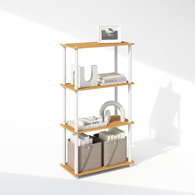 Furinno Turn-N-Tube Book Shelf, 4-Tier Bookshelf, Bookcase with Multipurpose Compact Display Rack, 11.6 x 23.6 x 43.2, for Living Room, Bedroom, Home Office, Beech/White