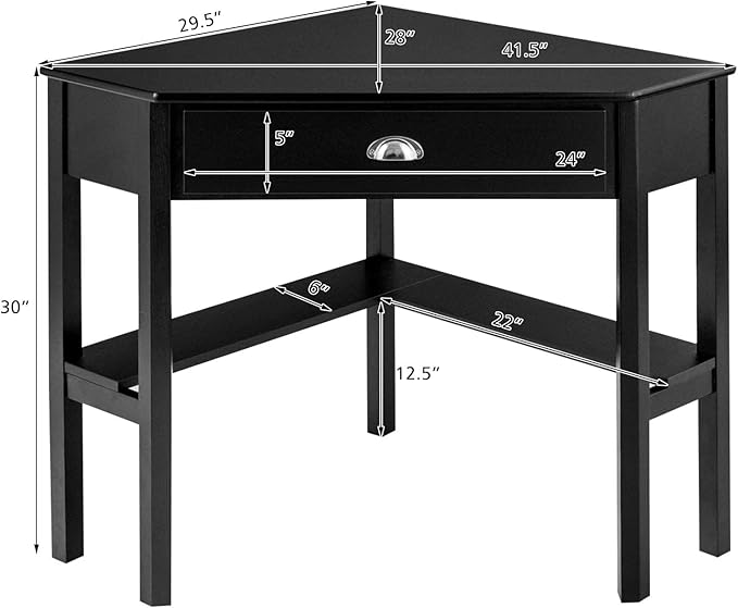 LDAILY Corner Desk, Triangle Corner Computer Desk for Small Space, Compact Writing Desk with Storage Shelves & Drawer, Space Saving Small Makeup Vanity Desk for Bedroom, Home Office, Black