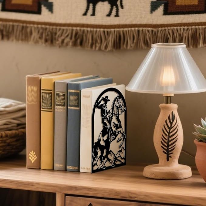 Peacoblue Metal Bookends for Shelves, Modern Decorative Heavy Duty Study Book Ends Stoppers for Office, Desk, Shelf, Room 5.3"x4.3"x7.9" Cast Iron Simple Tall Bookends 1 Pair (Cowboy Horse Riding)