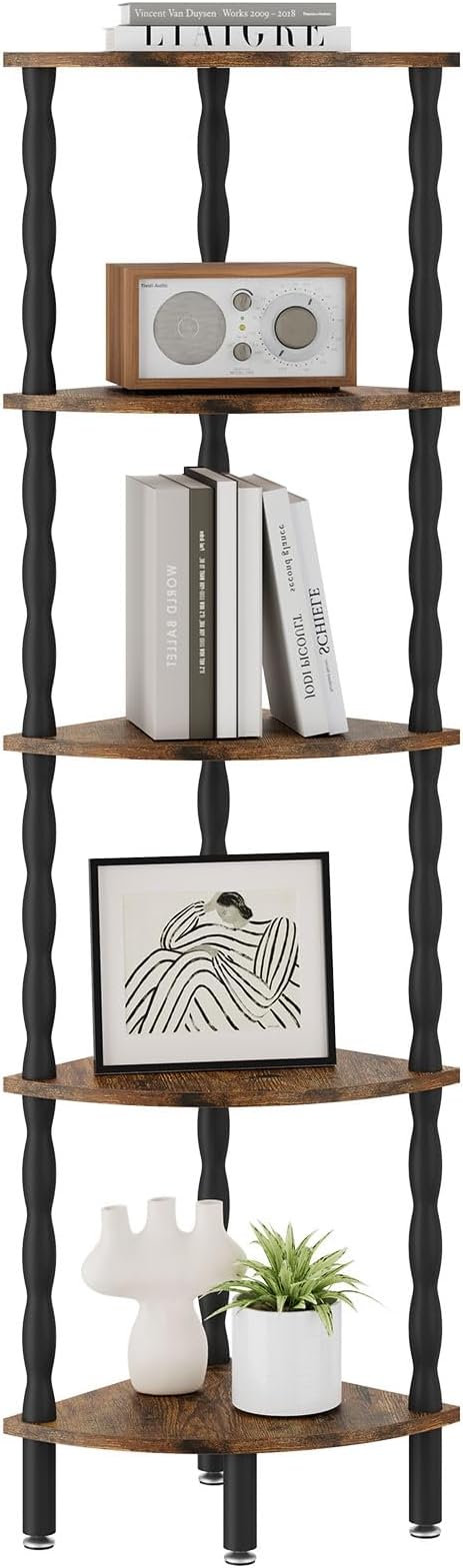 IBUYKE 5-Tier Corner Shelf,Stylish Corner Bookshelf for Small Spaces,Industrial Corner Storage Display Shelves,Small Corner Table for Bedroom,Bathroom,Kitchen, Brown WBC020H