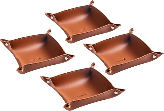 Leather Jewelry Valet Tray for Women and Man, Portable Entryway Table Tray Bedside Nightstand Desk Tray Small Catchall Travel Dish Plate for Key,Wallet,Watch,Coin (4PCs Brown-B)