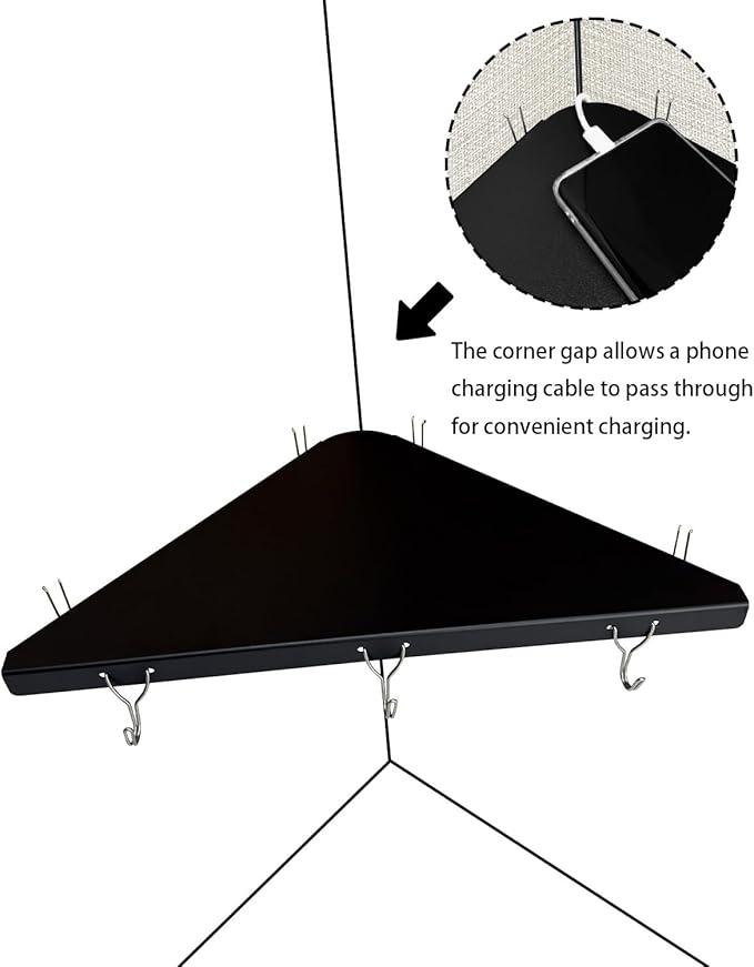 Metal Cubicle Corner Shelf with 3 Hooks for Office Fabric Walls, Hanging Organizer Shelves for Keys and Office Supplies, Space Saving Black Storage Shelf (2 Packs)