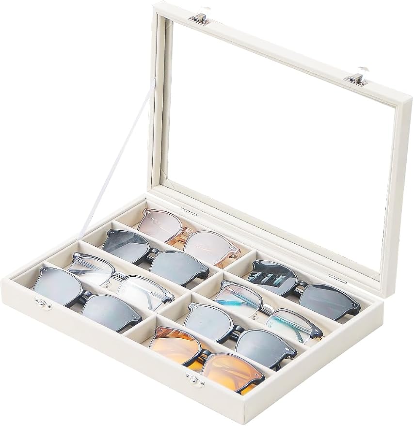 Jewelry Sunglasses Organizer Tray, Beige Velvet Eyeglasses Display Tray Box, Glasses Organize Storage Holder for Home Desk or Selling Show Display (with Lid)