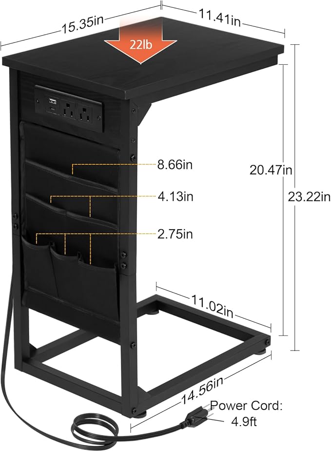 AMHANCIBLE C Shaped End Table with Charging Station, Couch Side Tables that Slide Under Sofa with Storage Bag, Slim TV Tray with USB Ports for Living Room, Bedroom, Black, HET04CBK