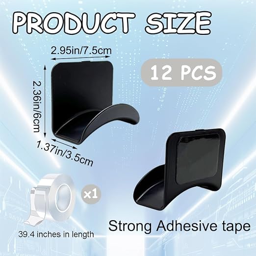 12 PCS Headphone Wall Hangers with Nano Tape, Adhesive Gaming Headphone Stand Headset Holder Hook Wall Desk Closet Door Mount for Most Headphone Controller Hat Baseball Caps (Black)