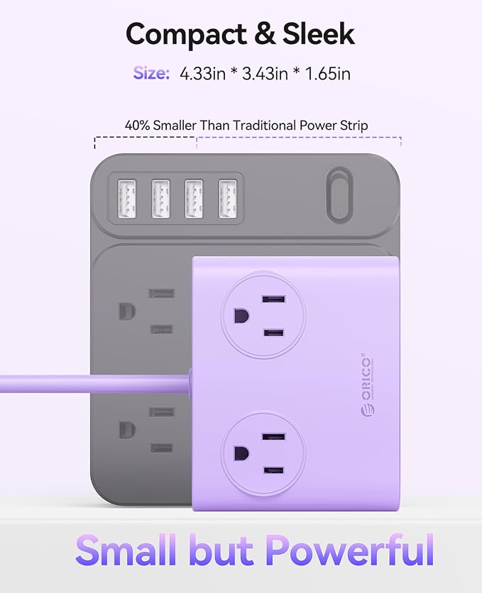 ORICO Power Brick, 25W GaN Power Strip, 8 in 1 Extension Cord with 4 AC Outlets and 2 USB-A and 2 USB-C Ports, 5ft Flat Plug Purple Outlet Extender for Home/Dorm/Travel ETL Listed-PDC (1 PC)