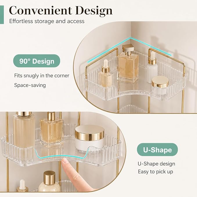 Ceruaxb 3-Tier Corner Bathroom Counter Organizer, Plastic Countertop Makeup Organizer, Large Capacity Vanity Bathroom Perfume Shelf Rack for Kitchen Office Desktop (Clear)