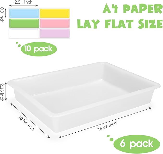 ShineMe Turn in Trays Classroom, 6 Pack White Paper Trays for Classroom with Colorful Labels, Thick Plastic Storage Bins for School, Office Organization, Letter Size Flat Storage Tray