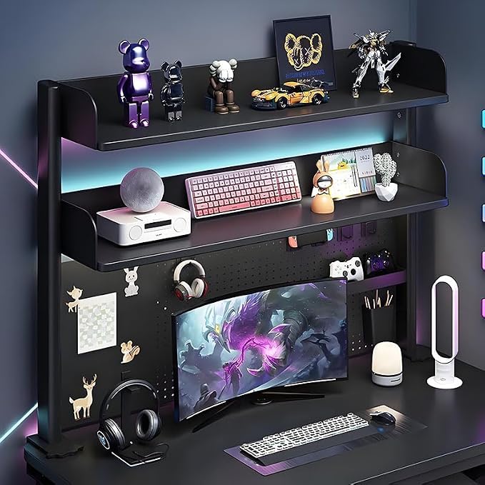 CHSSIH Clamp On Desk Pegboard Shelf - Metal Desktop Organizer Hutch with 2 Shelves for Storage and Display, Desk Add-On Shelf for Office, Dorm, or Computer Monitor Stand, Black, 31.4In