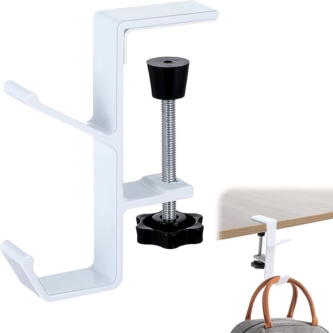 3PCS Desk Mount Bag Holder Hook Clamp,On Backpack Hanger Portable Desk Mount Headphones Holder for Reduce Desk Clutter Table Desk Table Hanging Storage (White)