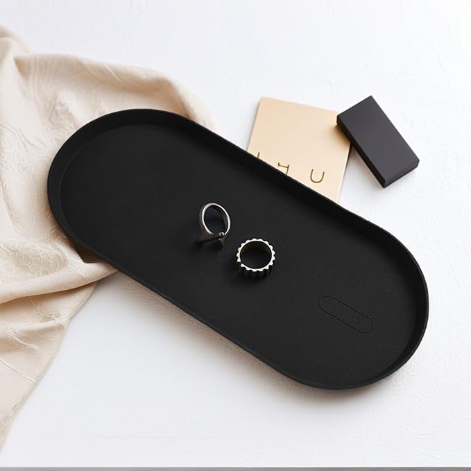 Black Silicone Vanity Tray, 8.66x3.94 Inch Oval Food-Grade Counter Organizer, Dishwasher Safe Scratch-Proof Storage Tray for Jewelry Makeup Bathroom Desk