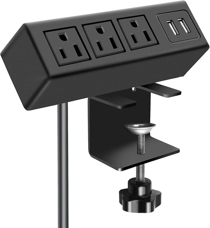 3 Outlet Desk Clamp Power Strip, Desktop Power Strip with USB Ports, Desk Mount USB Charging Power Station, on Desk Edge Power Outlet 125V 12A 1500W, 10 FT Desk Outlet Strip. (10FT, Black)