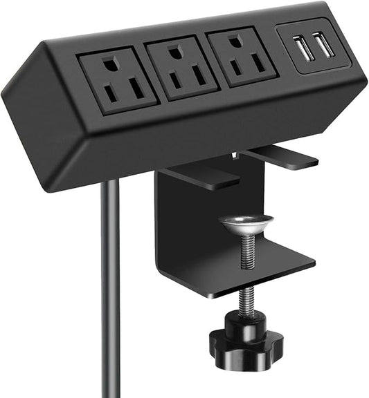 3 Outlet Desk Clamp Power Strip, Desktop Power Strip with USB Ports, Desk Mount USB Charging Power Station, on Desk Edge Power Outlet 125V 12A 1500W, 10 FT Desk Outlet Strip. (10FT, Black)